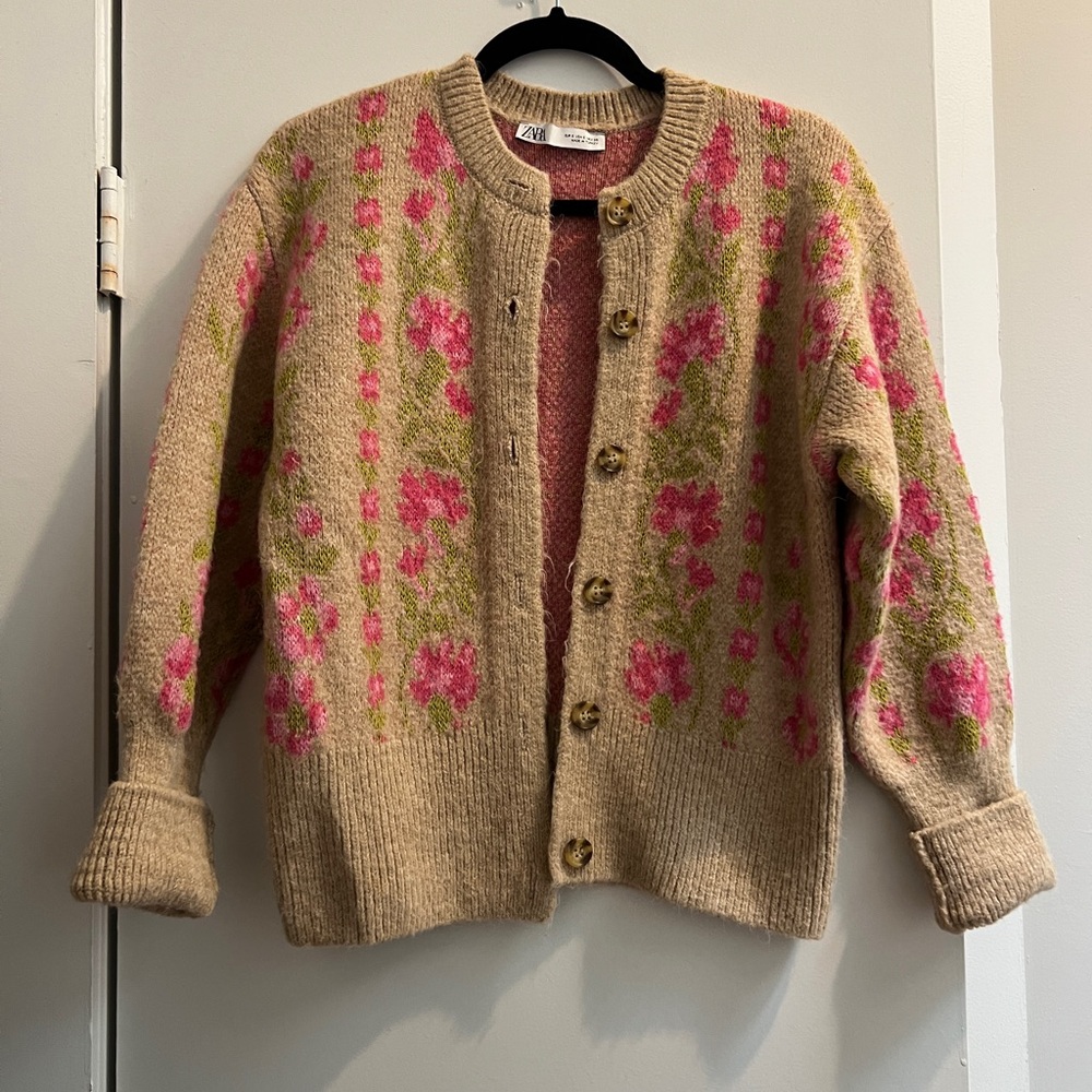 Zara Pink Floral Cardigan - Tan